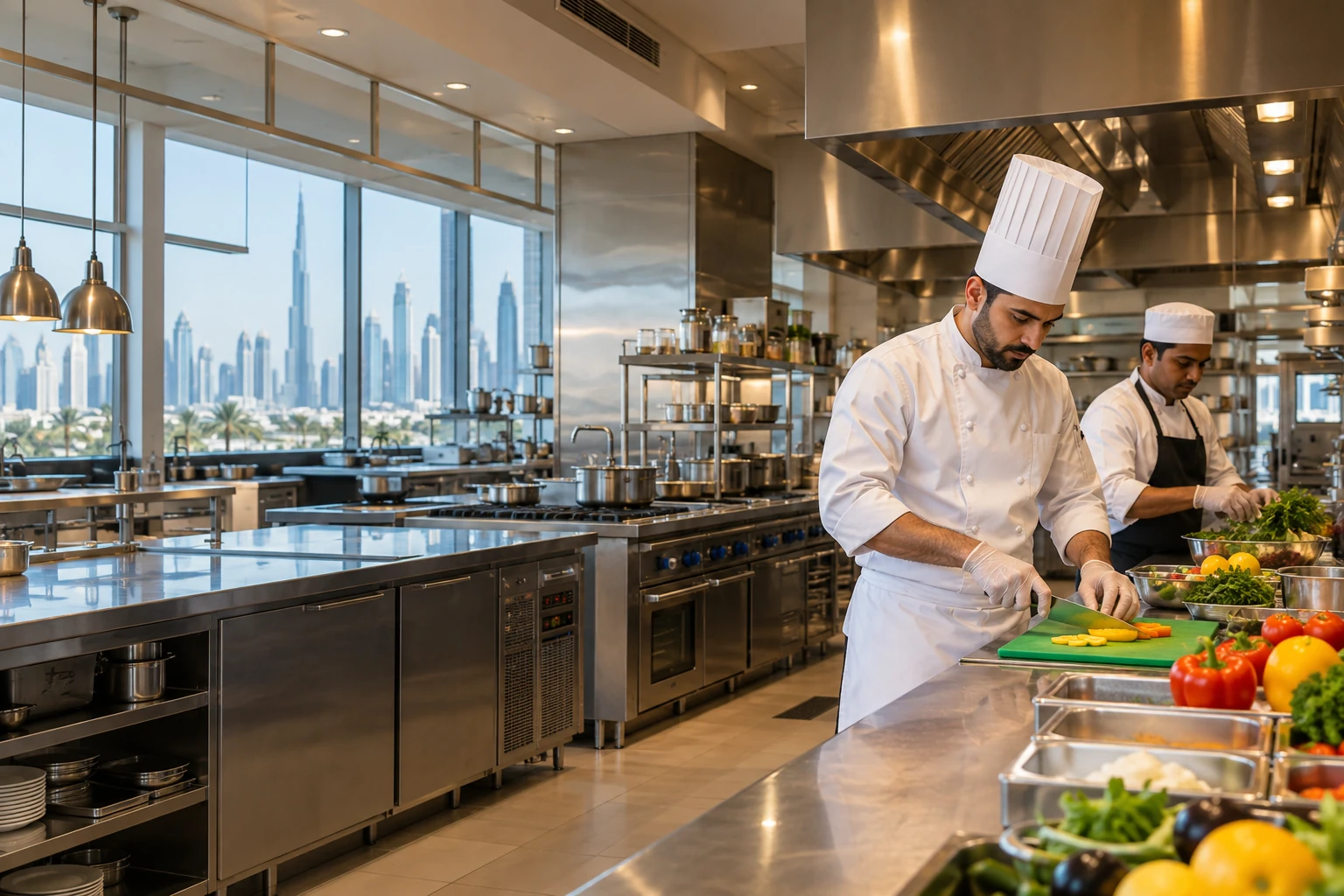 Professional chefs preparing food in a UAE restaurant kitchen